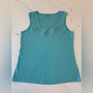 Teal Tank Top Women’s Size XL Embroidered Sequined Neckline 100% Cotton.